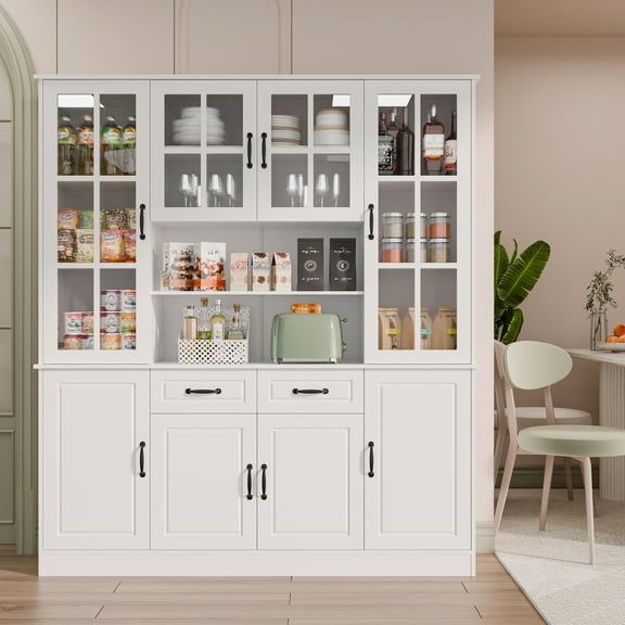 Joywind Adjustable Shelves Kitchen Hutch MDF Board/Tempered Glass White, 15.8" x 63" x 70.9"