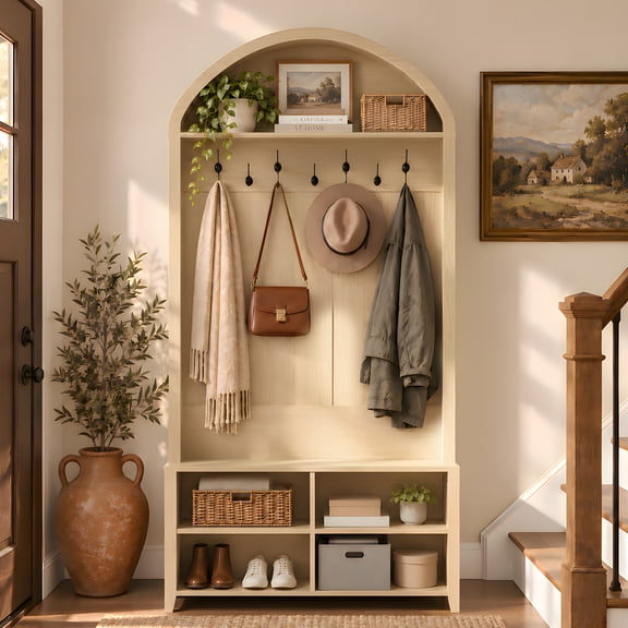 Joywind Arched Hall Tree with Bench and Shoe Storage, Natural, 40" W