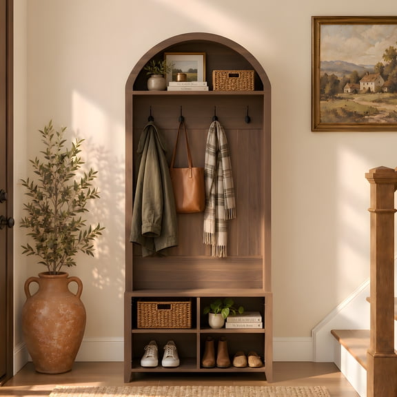 Joywind Arched Hall Tree with Bench and Shoe Storage,Walnut, 32" W