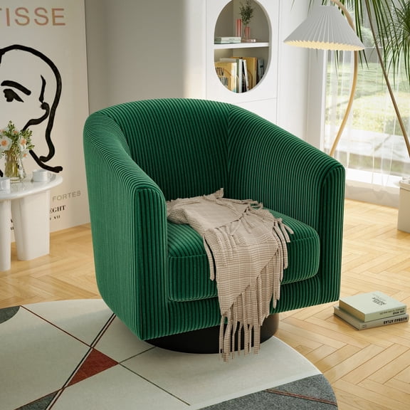 Joywind Corduroy Swivel Barrel Accent Chair, Modern Upholstered Barrel Chair for Living Room, Forest Green