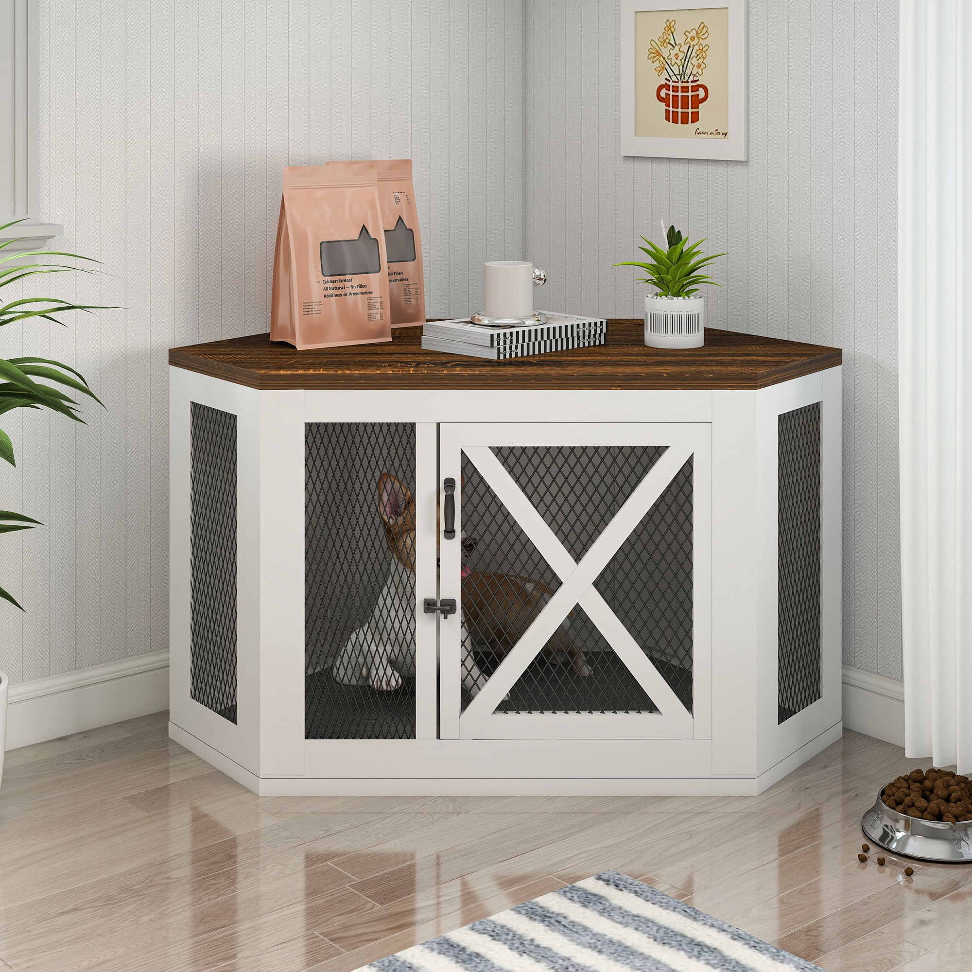 Joywind Corner Dog Crate Furniture, Wooden Dog Crate with Dog Cushion ... - Dog Crate With Rounded Front And Edges And Sides And Back