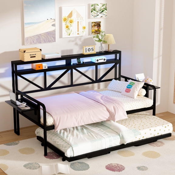 Joywind Daybed with Trundle, Heavy Duty Metal Twin Bed Frame(Black)