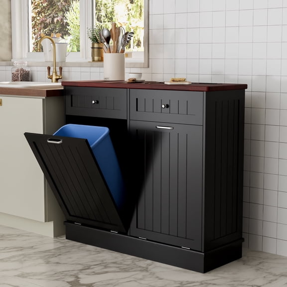 Joywind Double Tilt Out Trash Cabinet, Wooden Free Standing Recycling Bin, 20 Gallon,Black