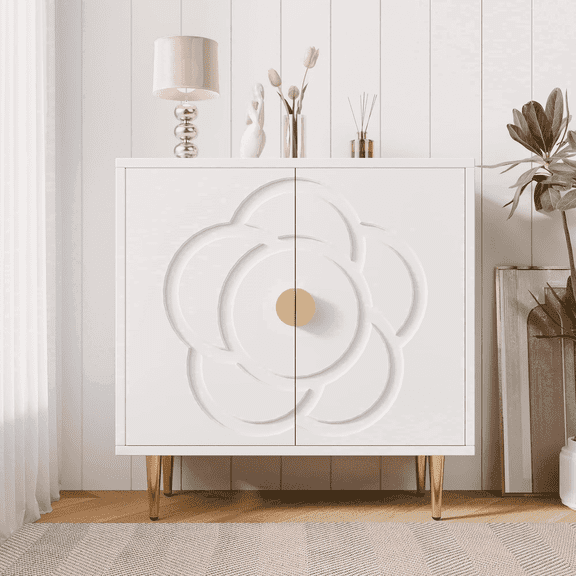 Joywind Floral Accent Cabinet with 2 Doors, Storage Sideboard Cabinet with Adjustable Shelves, Buffet Cabinet for Hallway, Living Room, Kitchen, White