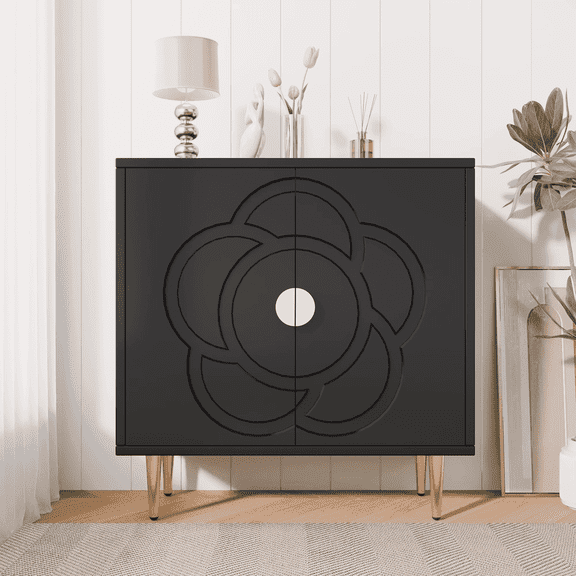 Joywind Floral Accent Cabinet with 2 Doors, Storage Sideboard Cabinet with Adjustable Shelves, Buffet Cabinet for Hallway, Living Room, Kitchen, Black