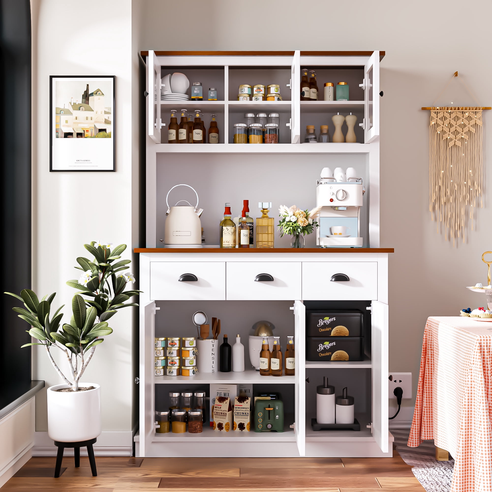 Joywind Freestanding Kitchen Hutch with Charging Station, Storage Drawers, and Adjustable Shelves - Perfect Pantry Cabinet, 71.2 in(White)