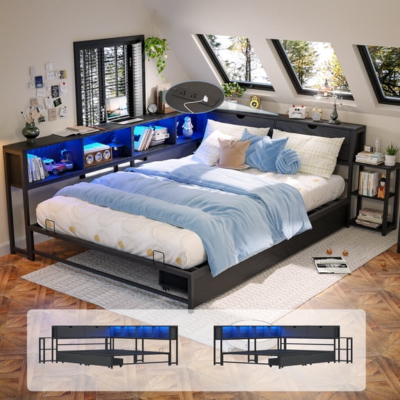 Joywind Full Corner Bed Frame with Storage Bookcase, Bedside Rack, Space-Saving Design, Black
