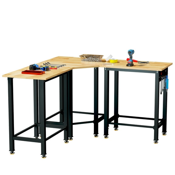 Joywind Heavy-Duty Adjustable Rubber Wood Workbench (48"/60") - 1500 Lbs+ Weight Capacity Garage Workstation with Rubber Pad, Power Outlets & Ruler (63 x21.7 x35.8)