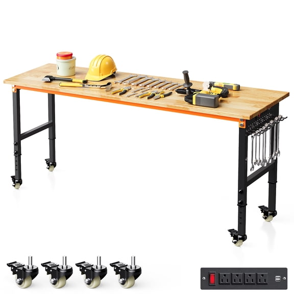 Joywind Heavy-Duty Workbench on Wheels with Power Outlets & Pegboard, 70" Adjustable Rolling Workstation, 2000 LB Capacity for Garage and Workshop