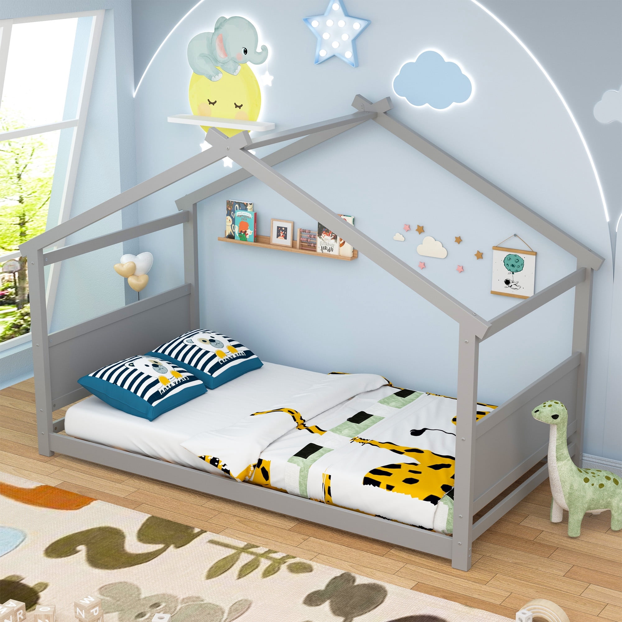 Joywind Twin Solid Wood House Floor Bed Frame with Safety Guardrails, Kids Bed for Boys Girls