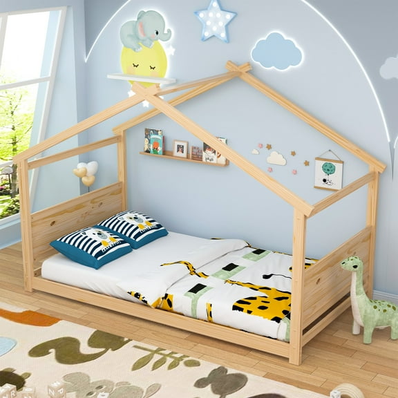 Joywind House Bed for Kids, Twin Floor Bed Frame, House Bed Frame for Toddlers, Kids, Boys, Girls(Nature)