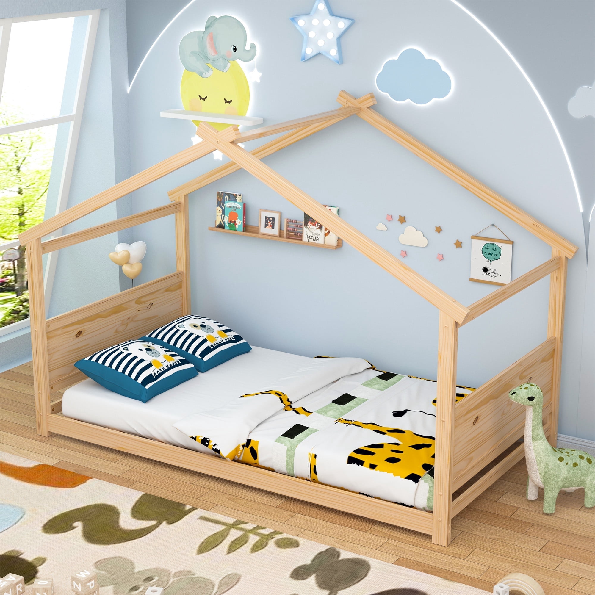 Joywind Twin Solid Wood House Floor Bed Frame with Safety Guardrails, Kids Bed for Boys Girls