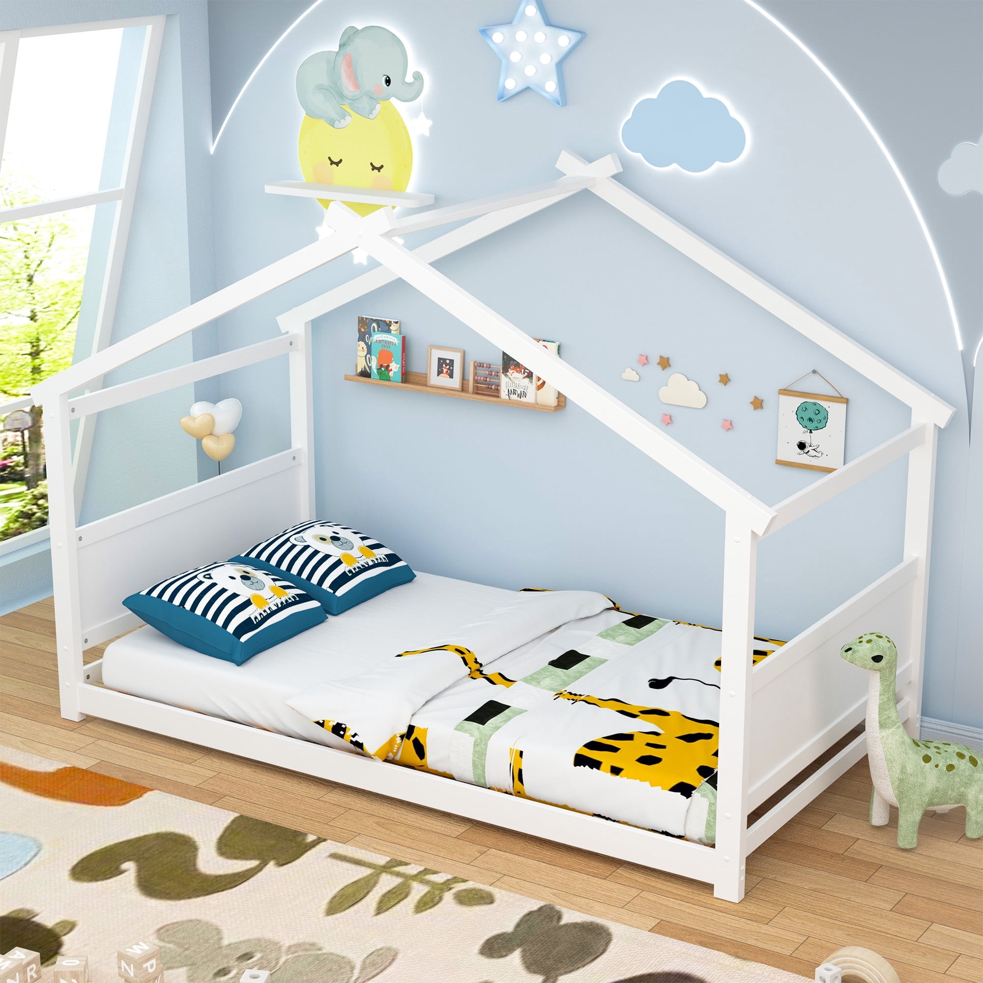 Joywind Twin Solid Wood House Floor Bed Frame with Safety Guardrails, Kids Bed for Boys Girls