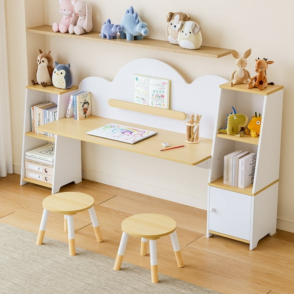 Joywind Kids Desk and Chair Set with Bookshelf & 2 Stools, 5-Storage Cabinet Study Table, Wooden Writing Desk for Children Ages 3-8, for Boys Girls Bedroom or Playroom