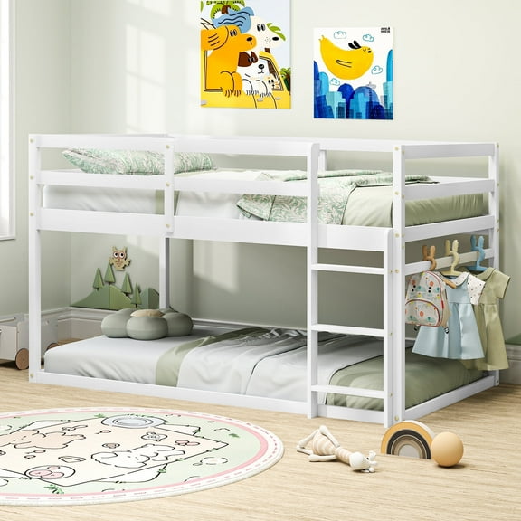 Joywind Kids Twin-over-Twin Bunk Bed with Ladder and Full Guardrails, Solid Wood, White