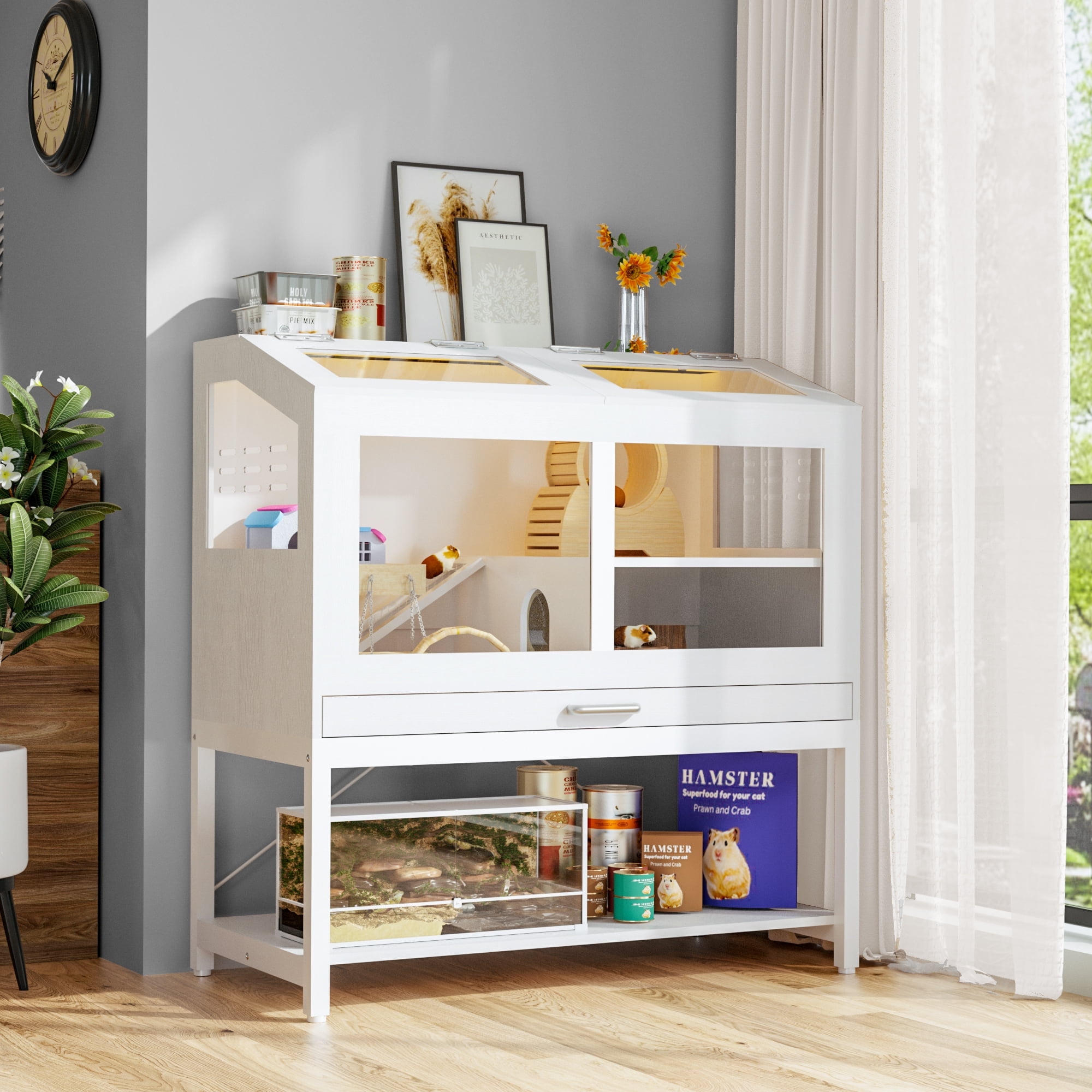 Joywind Large Hamster Cage with Storage Cabinet - Easy-Clean Small Animal Habitat with Acrylic View Panels & Pull-Out Drawer for Guinea Pigs, Rabbits, Hedgehogs