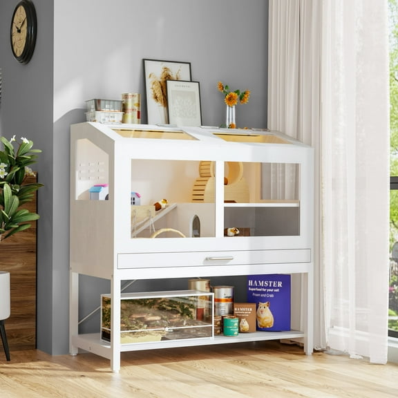 Joywind Large Hamster Cage with Storage Cabinet - Easy-Clean Small Animal Habitat with Acrylic View Panels & Pull-Out Drawer for Guinea Pigs, Rabbits, Hedgehogs