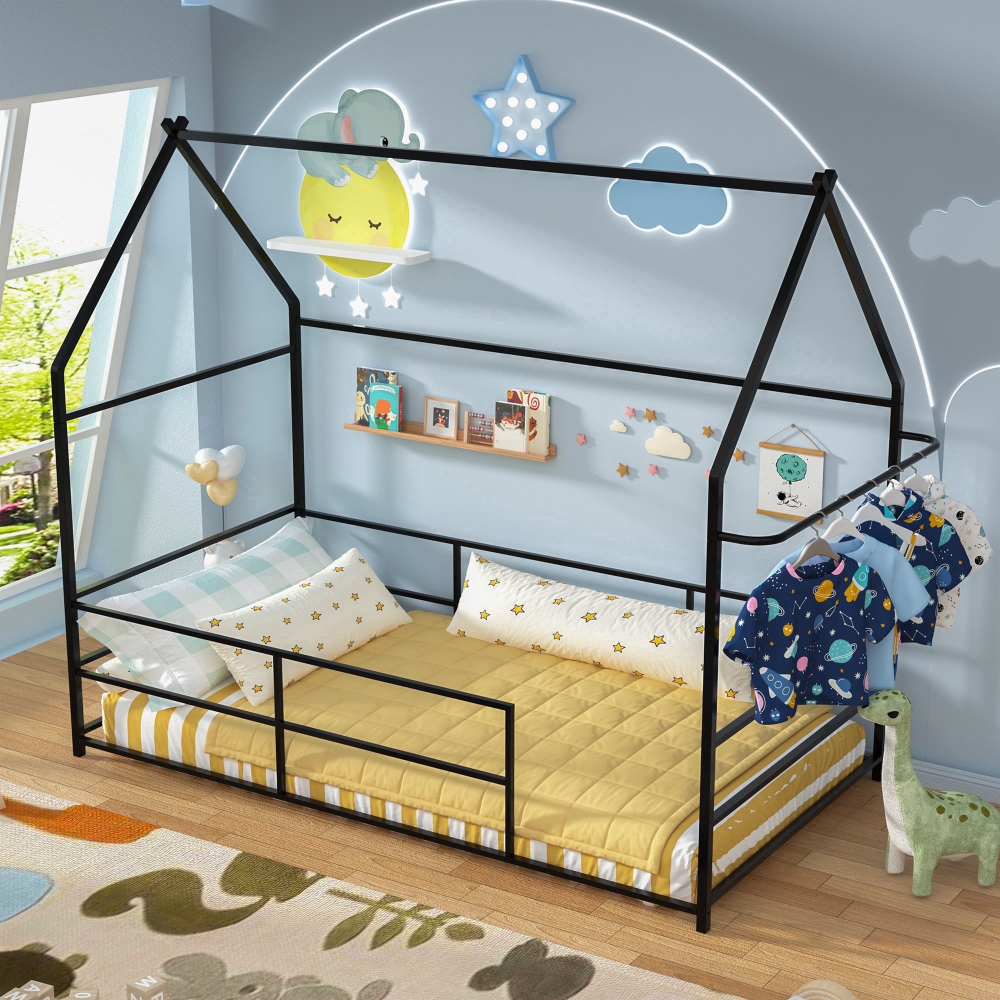 Joywind Metal Twin Floor House Bed with Headboard, Footboard & Guardrails - Montessori Style Bed Frame with Hanging Bar for Boys, Girls,Black