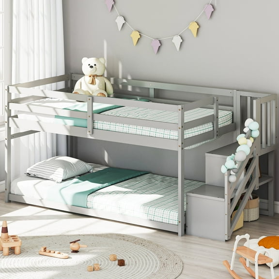 Joywind Solid Wood Low Bunk Bed Twin Over Twin with Storage Staircase, Safety Guardrails & Hanging Bar - Floor Bunk Beds for Kids, Boys, Girls, Juniors,Gray