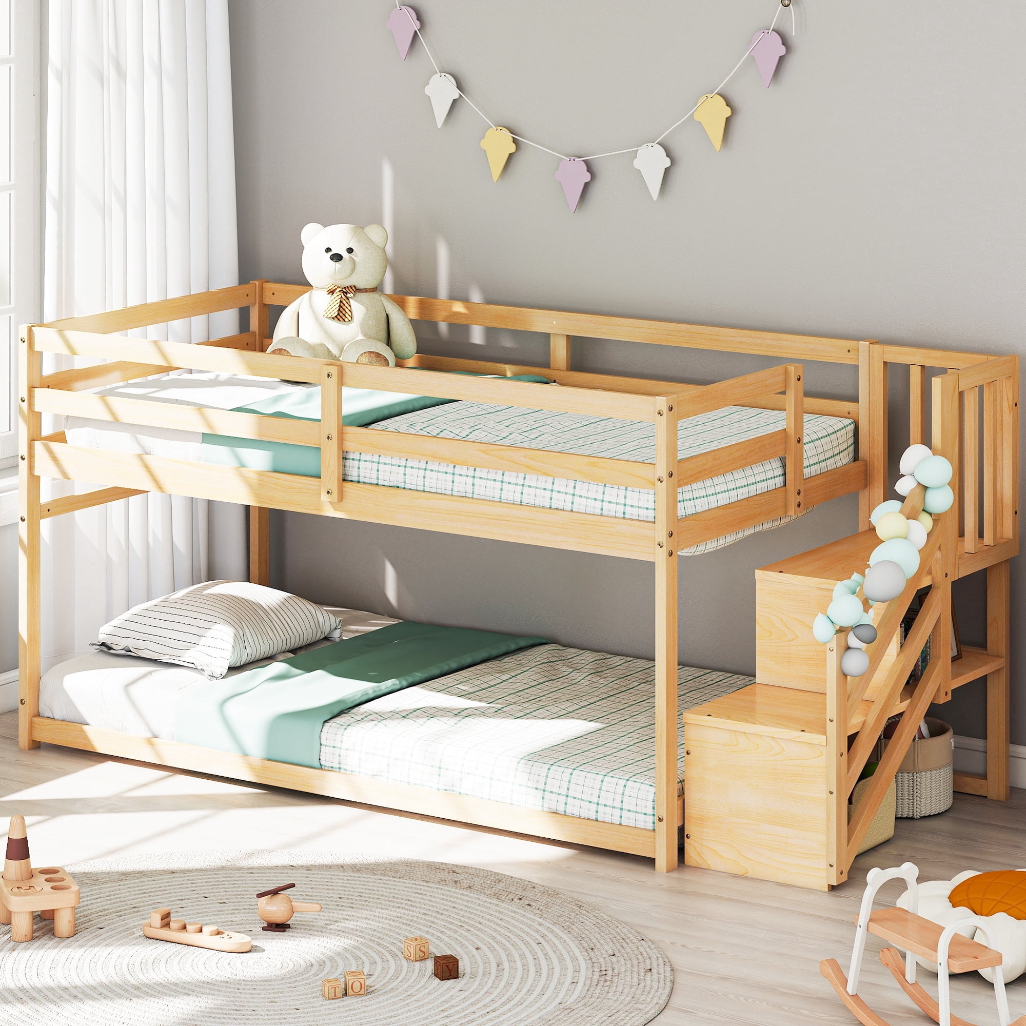 Joywind Solid Wood Low Bunk Bed Twin Over Twin with Storage Staircase ...