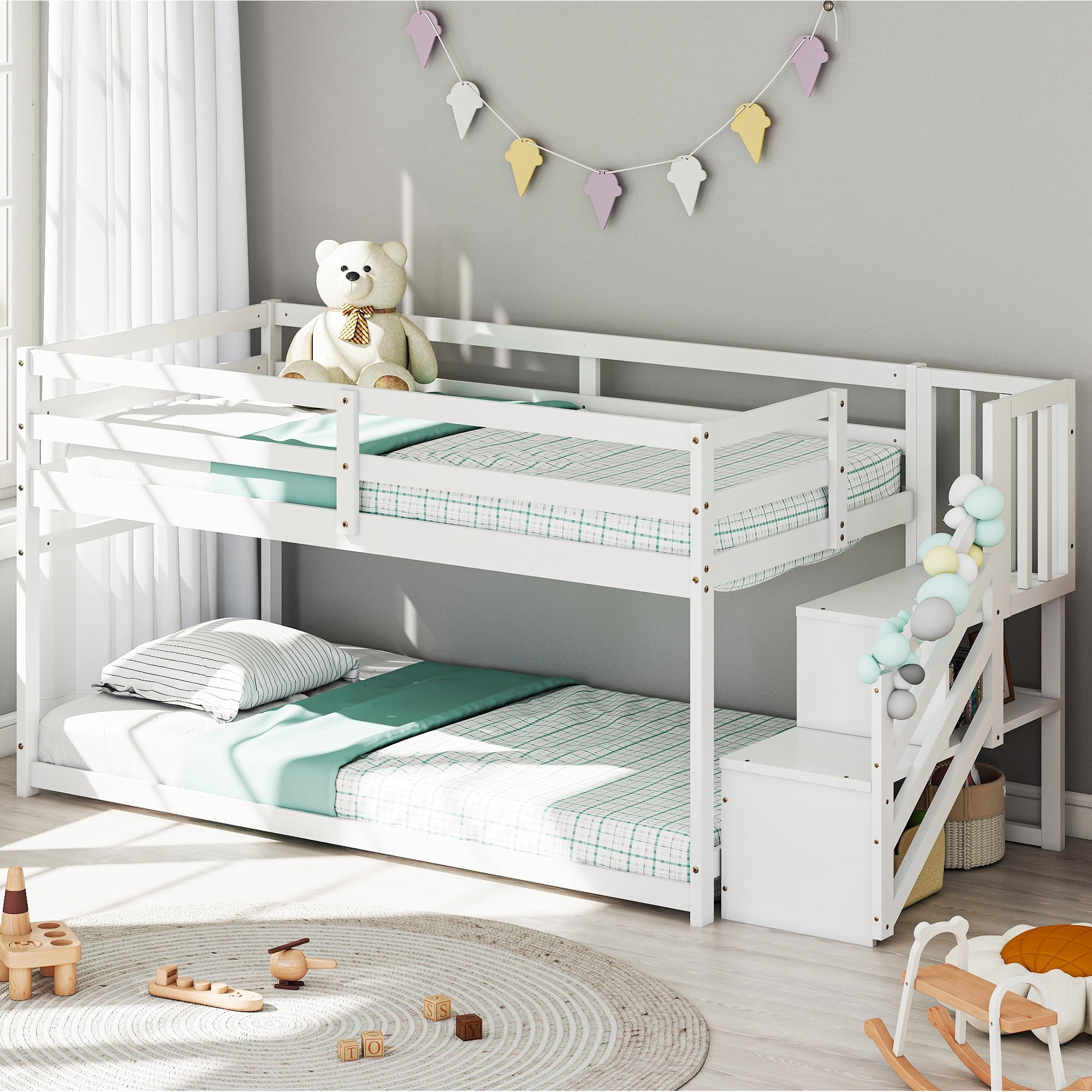 Joywind Solid Wood Low Bunk Bed Twin Over Twin with Storage Staircase ...