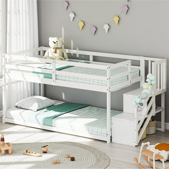 Joywind Solid Wood Low Bunk Bed Twin Over Twin with Storage Staircase, Safety Guardrails & Hanging Bar - Floor Bunk Beds for Kids, Boys, Girls, Juniors,White