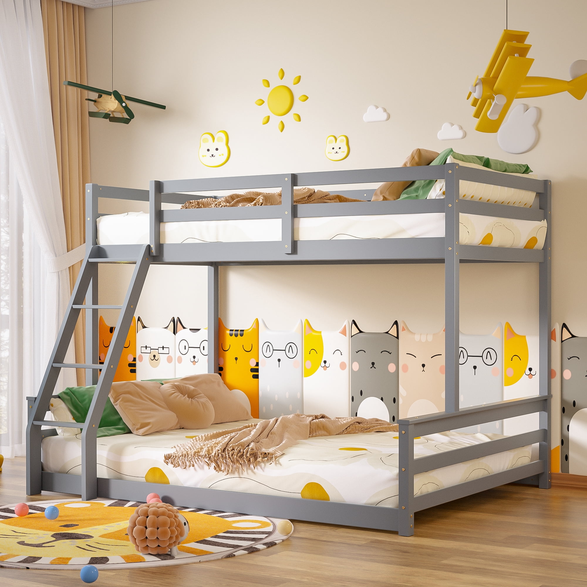 Joywind Solid Wood Twin Over Full Bunk Bed with Ladder & Full ...