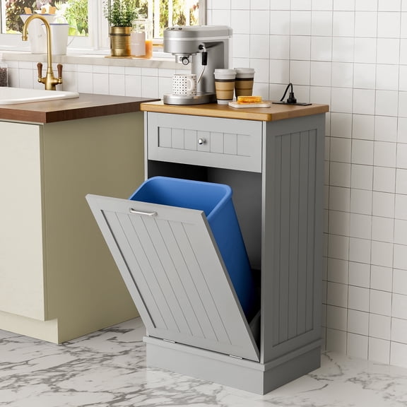 Joywind Tilt-Out Trash Cabinet with Power Outlet, 10 Gallon Storage, (Gray)