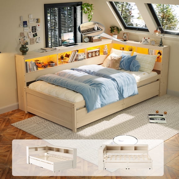 Joywind Twin Corner Bed Frame with Storage Drawers, Captain Bed with Bookcase Headboard, Charging Station & LED Lights,Natural