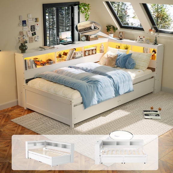 Joywind Twin Corner Bed Frame with Storage Drawers, Bookcase Headboard, Charging Station & LED Lights,White