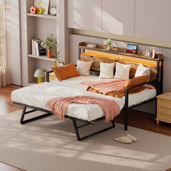 Joywind Twin Daybed with Trundle, Metal Bed Frame with Storage Headboard, Charging Station & Pop-Up Trundle , Rustic Brown