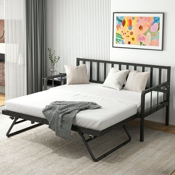 Joywind Twin Daybed with Trundle, Metal Bed Frame with LED Lights, Charging Station & Pop-Up Trundle for Living Room, Bedroom or Guest Room, Black