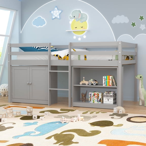 Joywind Twin Loft Bed with LED Lights, Kids Loft Beds with Storage Cabinet and Play Space,Gray
