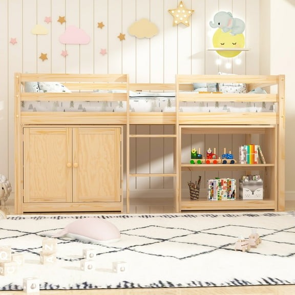 Joywind Twin Loft Bed with LED Lights, Kids Loft Beds with Storage Cabinet and Play Space,Nature