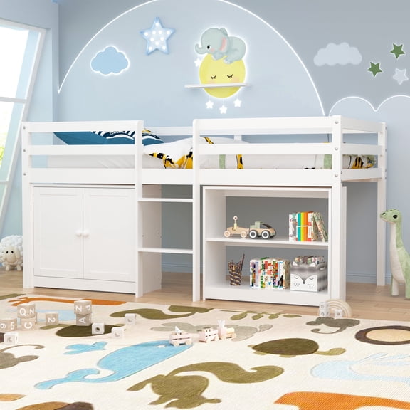 Joywind Twin Loft Bed with Storage & LED Lights for Kids, Modern Wood Bed Frame