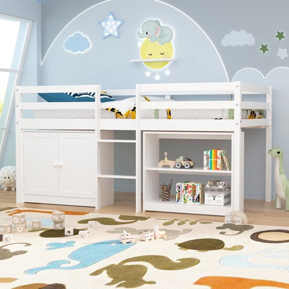 Joywind Kids Modern Wood Storage Twin Loft Bed with LED Lights, White