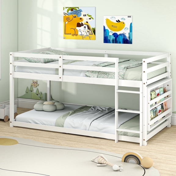Joywind Twin-over-Twin Solid Wood Bunk Bed with Bookcase & Full Guardrails, Kids Bunk Bed