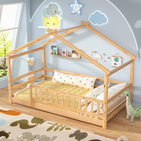 Joywind Twin Size Wooden Floor Bed Frame with Safety Fence - Low Montessori Bed for Toddlers & Kids, No Box Spring Required(Natural)