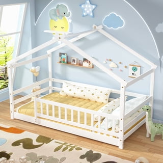 Joywind Twin Size Wooden Floor Bed Frame with Safety Fence - Low Montessori Bed for Kids, No Box Spring Required(White)
