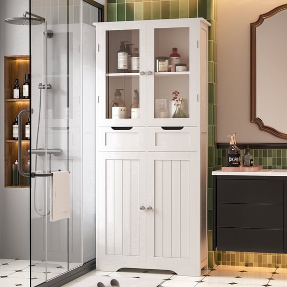 Joywind 67" Bathroom Storage Cabinet, Freestanding Linen Cabinet with 2 Drawers and Glass Doors, Wooden Floor Storage Cabinet with Adjustable Shelves for Bathroom, Living Room, White