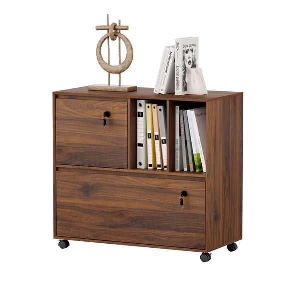 Joyyskill 2 Drawer Mobile File Cabinet with 2 Open Shelves, Wood Lateral Filing Cabinet, Fits for A4/Letter-Sized Files,Brown