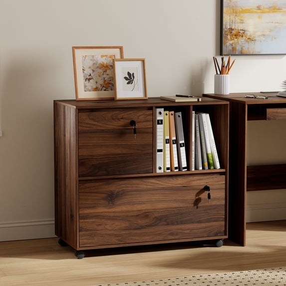 Joyyskill 2 Drawer Mobile File Cabinet with 2 Open Shelves, Wood Lateral Filing Cabinet, Fits for A4/Letter-Sized Files,Brown