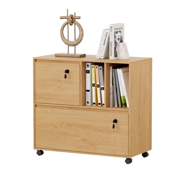 Joyyskill 2 Drawer Mobile File Cabinet with 2 Open Shelves, Wood Lateral Filing Cabinet, Fits for A4/Letter-Sized Files,Natural Oak