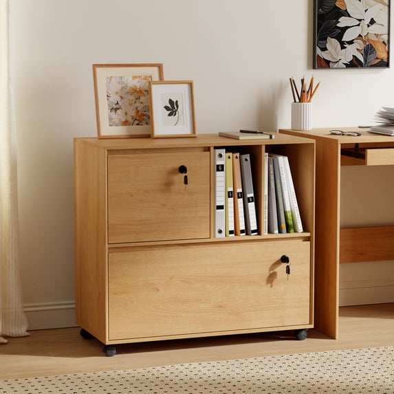 Joyyskill 2 Drawer Mobile File Cabinet with 2 Open Shelves, Wood Lateral Filing Cabinet, Fits for A4/Letter-Sized Files,Natural Oak