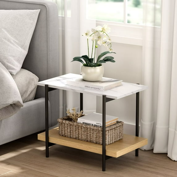 Joyyskill 2 Tier End Table Faux Marble Top, Rectangular Side Table with Metal Frame Bedside Nightstand with Open Storage Shelves for Small Space, Natural Oak