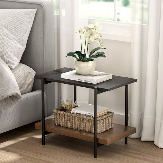 Joyyskill 2 Tier End Table Rectangular Side Table Bedside Nightstand with Metal Frame, Black & Dark Brown