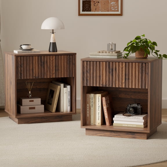 Joyyskill 22 Inch Fluted Nightstand, Set of 2 Wooden Night Stand with Large Storage Drawer & Open Shelf, Mid Century Modern Bedside Tables,Brown