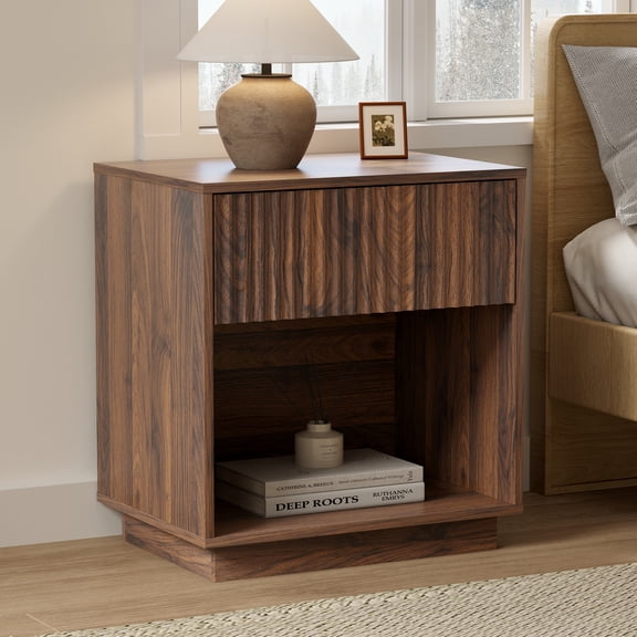 Joyyskill 22 Inch Fluted Nightstand, Wooden Night Stand with Large Storage Drawer & Open Shelf, Mid Century Modern Bedside Tables,Brown