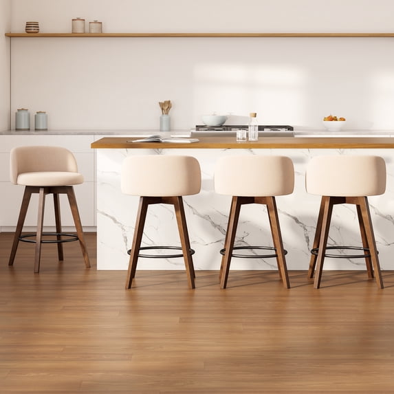 Joyyskill 26" Swivel Bar Stools Set of 4, Farmhouse Upholstered Bar Chairs with Curved Back and Wood Legs, Chenille Fabric Counter Height Island Chairs, Brown/Beige
