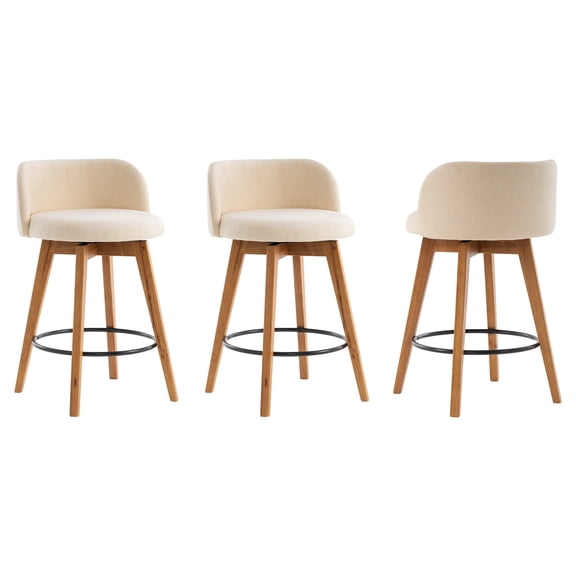 Joyyskill 26" Swivel Bar Stools Set of 3, Farmhouse Upholstered Bar Chairs with Curved Back and Wood Legs, Chenille Fabric Counter Height Island Chairs, Dark Oak/Beige